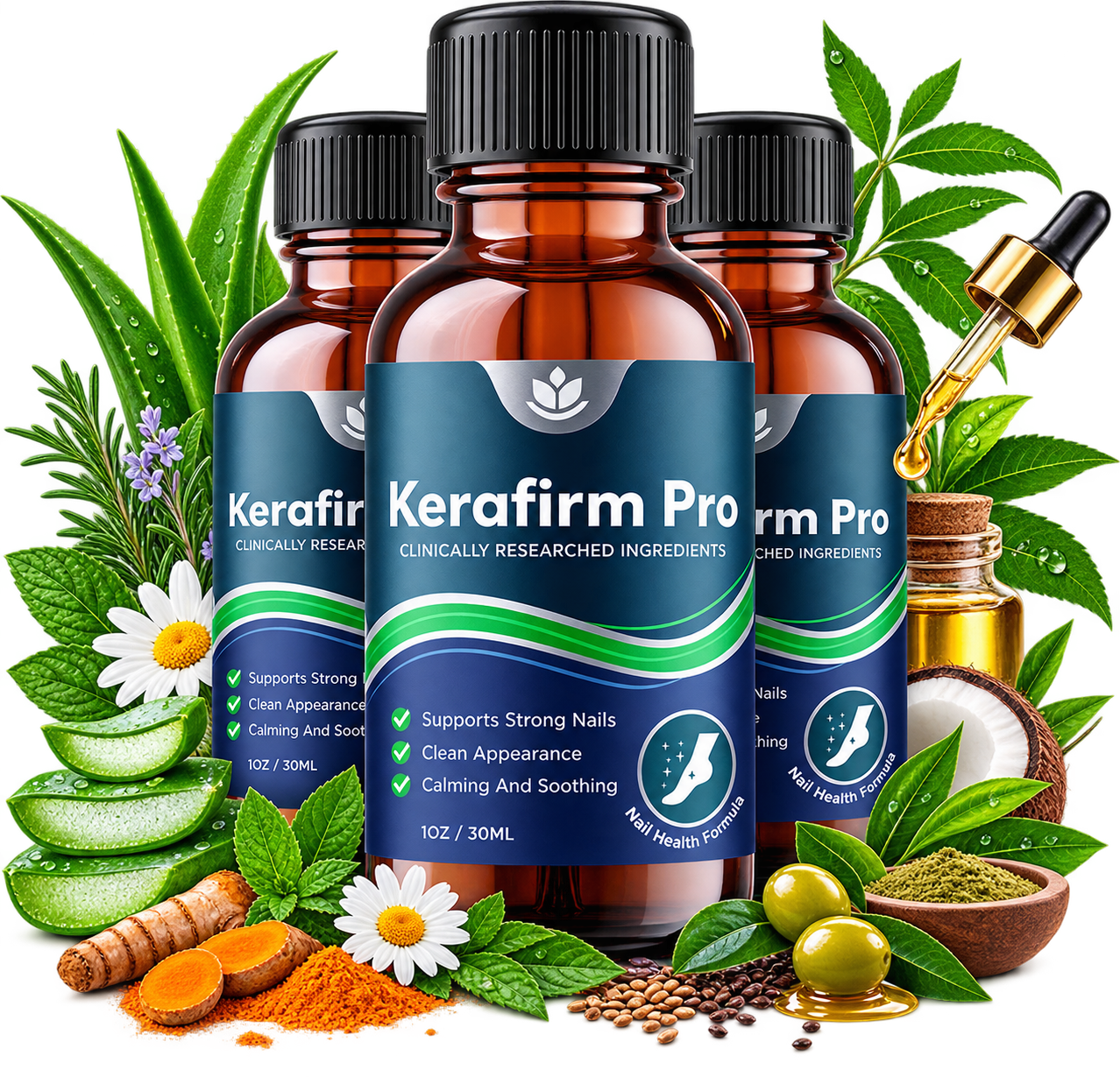 Kerafirm Pro nail health formula dropper bottles surrounded by fresh botanicals