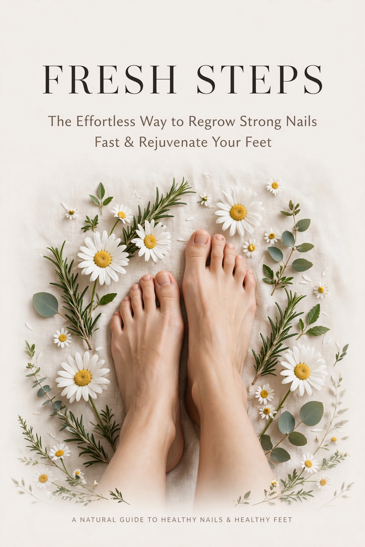 Bare feet on light linen surrounded by daisies, rosemary and eucalyptus