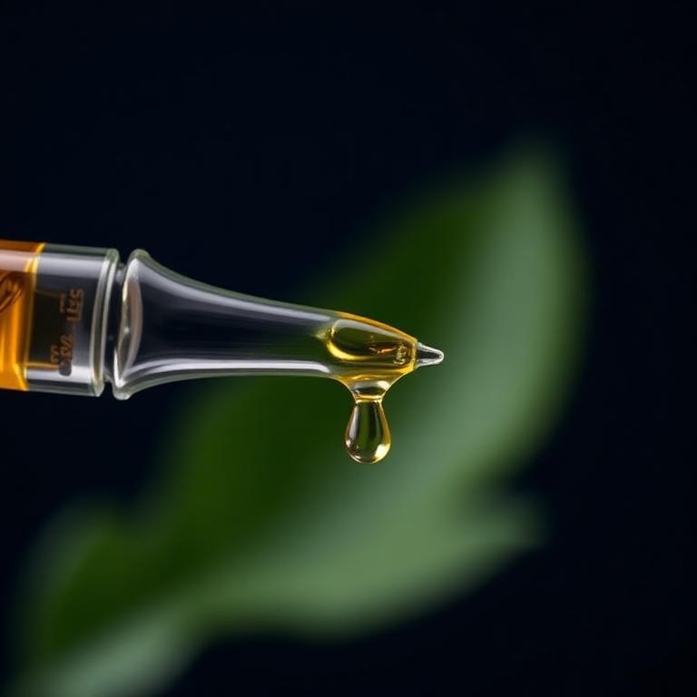 Glass dropper releasing a single golden oil droplet