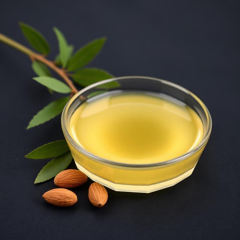 Glass dish of Sweet Almond Oil with fresh botanical beside it