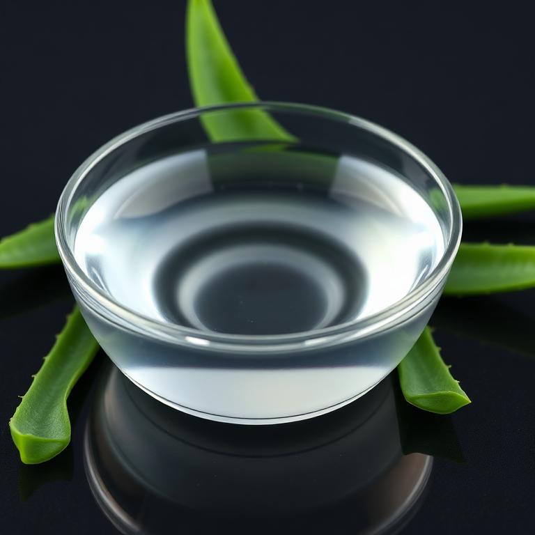 Glass dish of Aloe Vera with fresh botanical beside it
