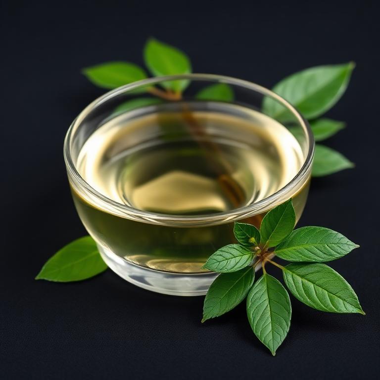 Glass dish of Camphor Oil with fresh botanical beside it