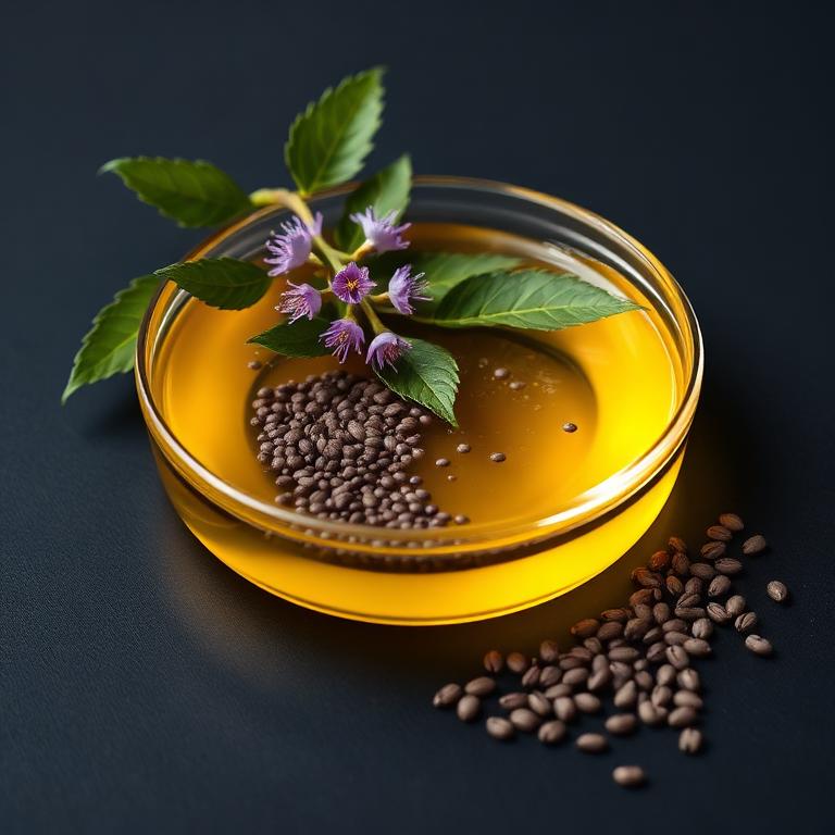 Glass dish of Chia Seed Oil with fresh botanical beside it