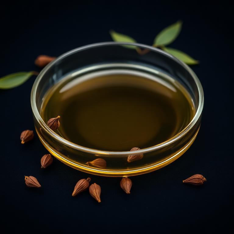 Glass dish of Clove Bud Oil with fresh botanical beside it