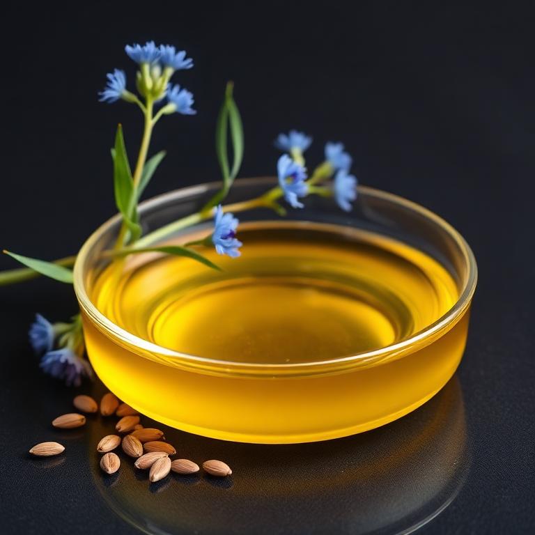 Glass dish of Flaxseed Oil with fresh botanical beside it