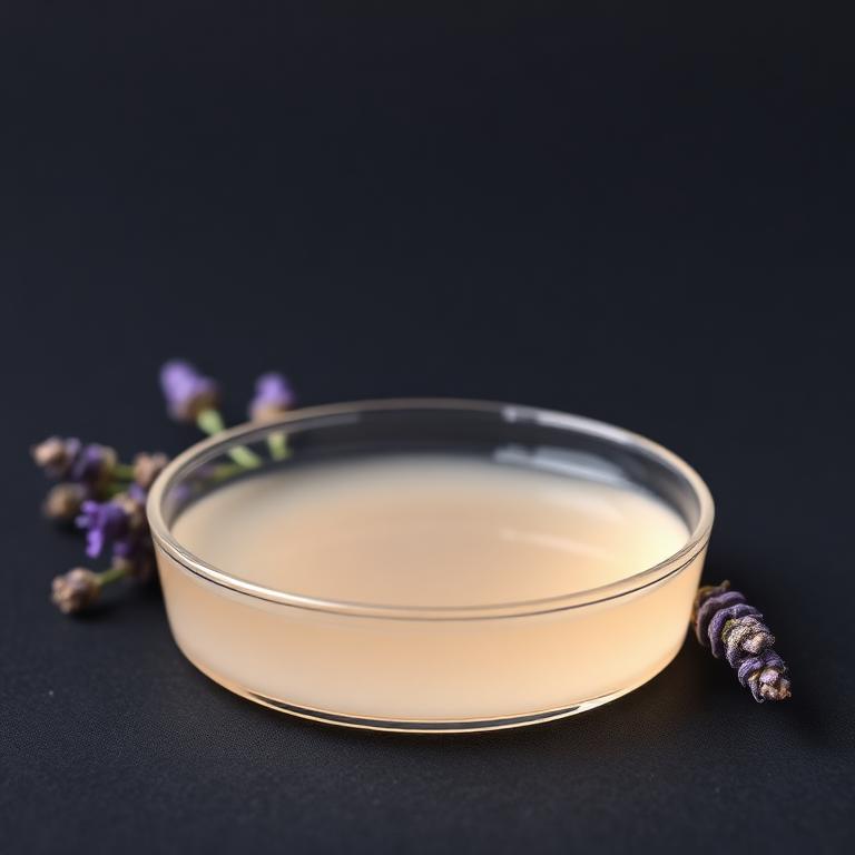 Glass dish of Lavender Oil with fresh botanical beside it