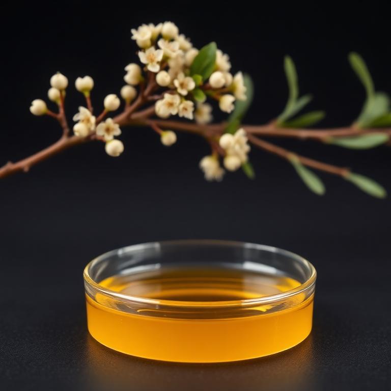 Glass dish of Manuka Oil with fresh botanical beside it