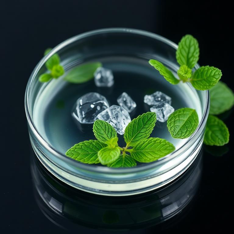 Glass dish of Menthol with fresh botanical beside it