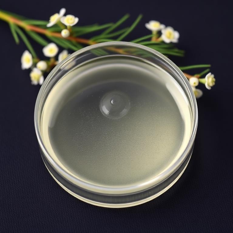 Glass dish of Tea Tree Oil with fresh botanical beside it