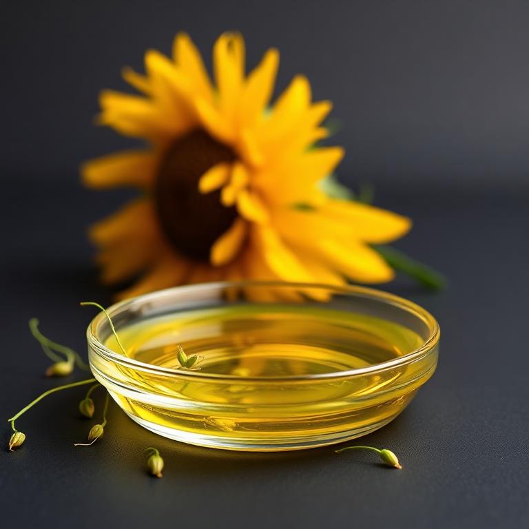 Glass dish of Vitamin E with fresh botanical beside it