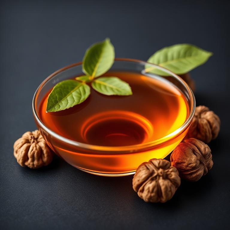Glass dish of Walnut Oil with fresh botanical beside it